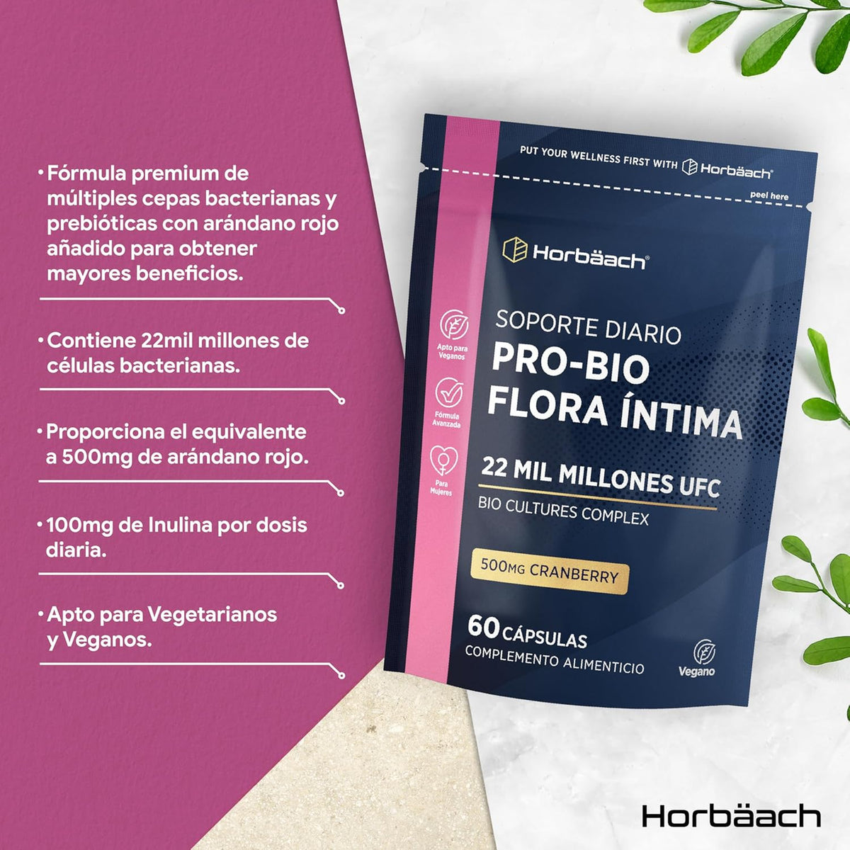 Pro-bio Woman Intimate Flora 22 Billion CFU with Cranberry | Inner Balance with Lactobacillus Reuteri + Lingonberry Extract | by Horbaach