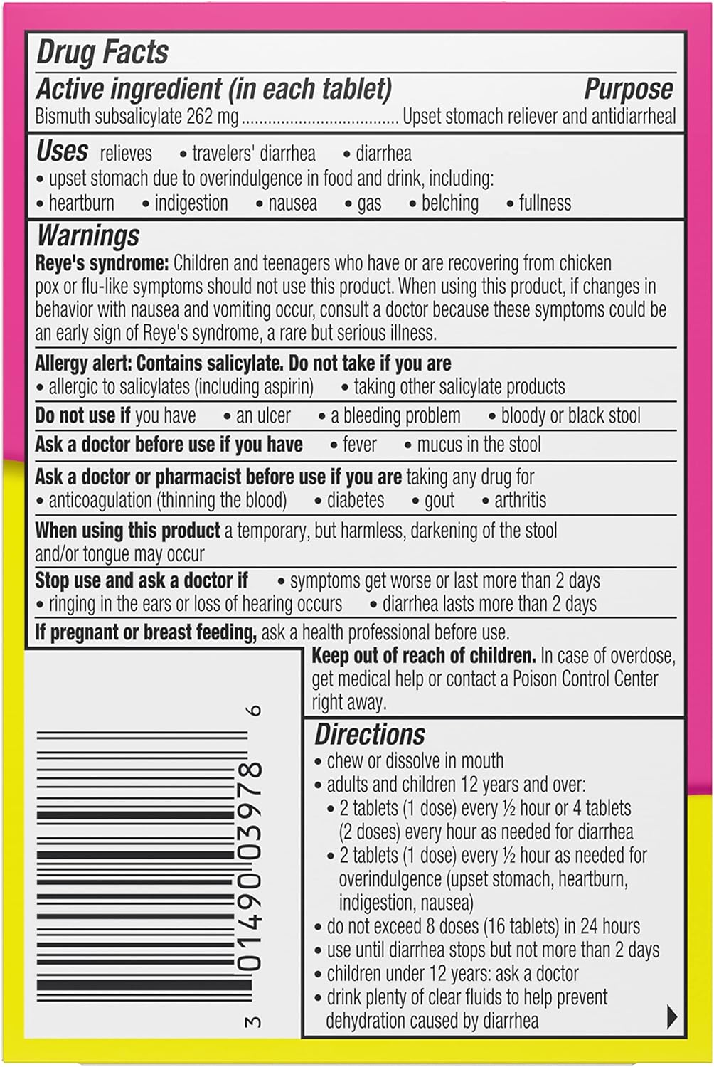 Pepto Bismol Chewable Tablets, Upset Stomach Relief, Nausea Relief, Heartburn Relief, Indigestion Relief, Anti Diarrhea Medication for Adults - 5 Symptom Relief, 90 Chewable Tablets (3x30 ct)