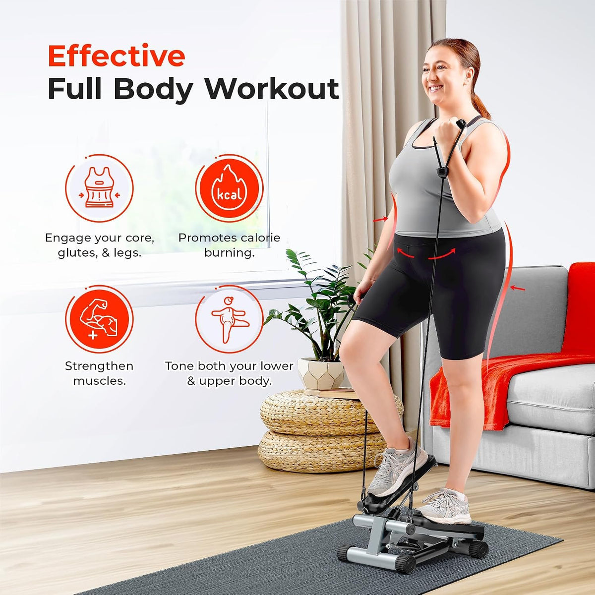 Sunny Health & Fitness Mini Stair Stepper w/Resistance Bands for Home Gym | Full Body Cardio, Adjustable Step Height, Hydraulic Resistance, LCD Meter, No Assembly, 300 lb Capacity, SunnyFit App