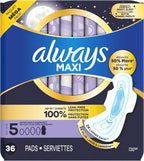 Always Maxi Overnight Pads with Wings for Women, Size 5, Extra Heavy Overnight Absorbency, Unscented, 36 Count