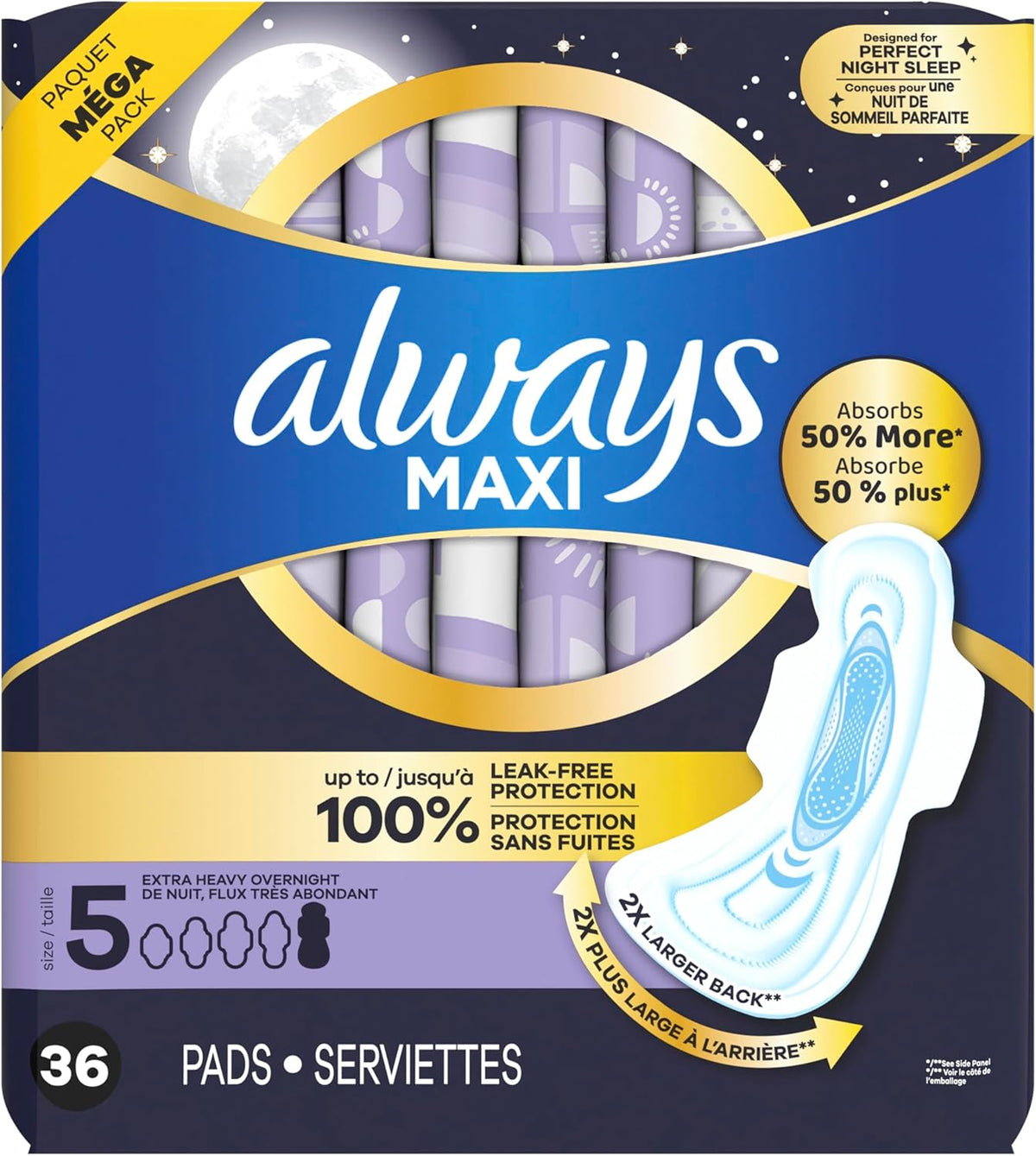 Always Maxi Overnight Pads with Wings for Women, Size 5, Extra Heavy Overnight Absorbency, Unscented, 36 Count