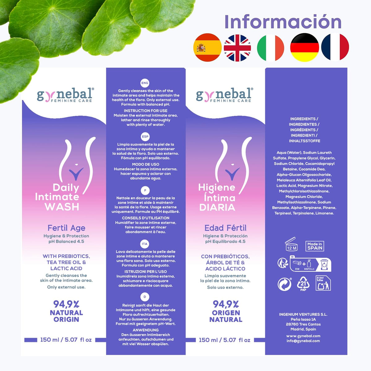 GYNEBAL - Intimate Soap for Women Fertile Age – pH 4.5 – Purifying with Tea Tree + Prebiotic + Lactic Acid – Daily Intimate Hygiene Gel – 150 ml