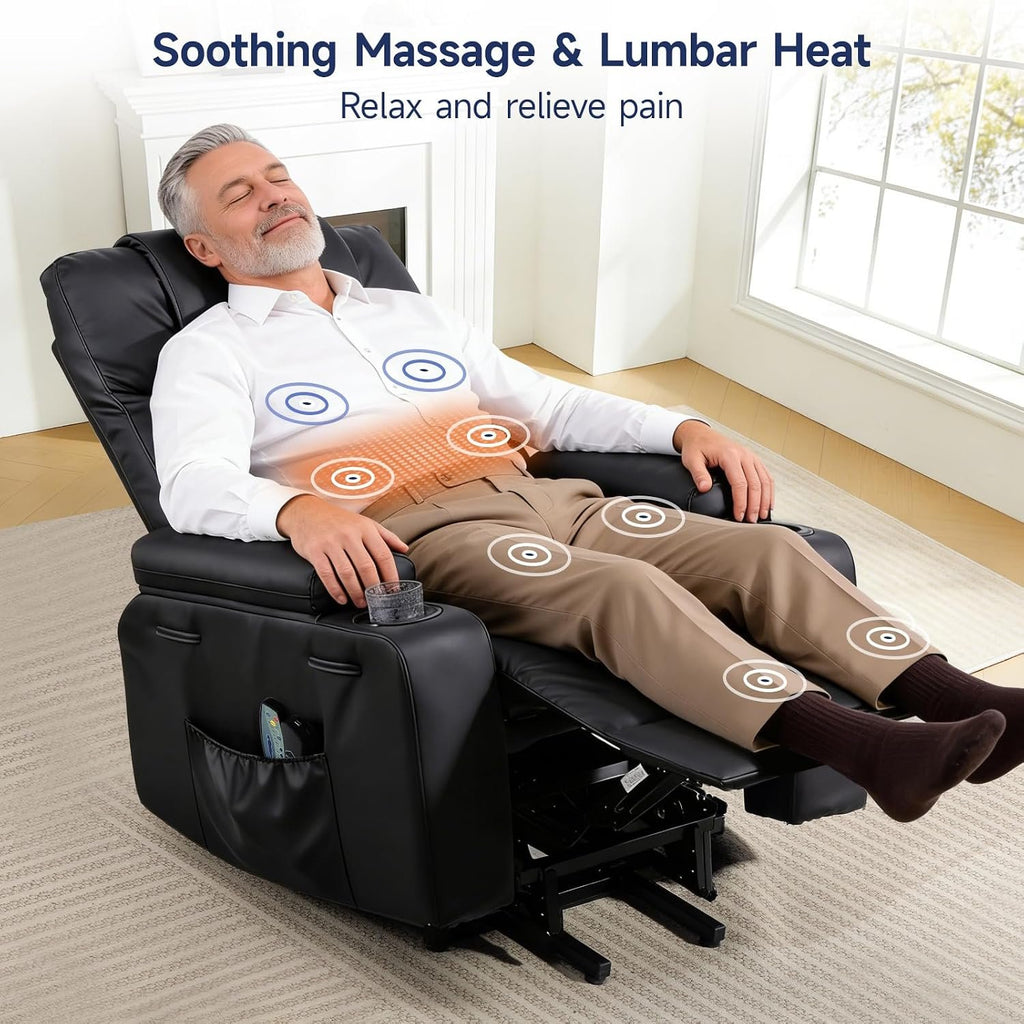 Power Lift Recliner Electric Chair for Elderly with USB Charge Port, Black | Fits 5'2"–5'9" Heights, PU Leather Recliner with Massage & Heat, 160° Adjustable Recline, Stand Assist, Remote, Cup Holders