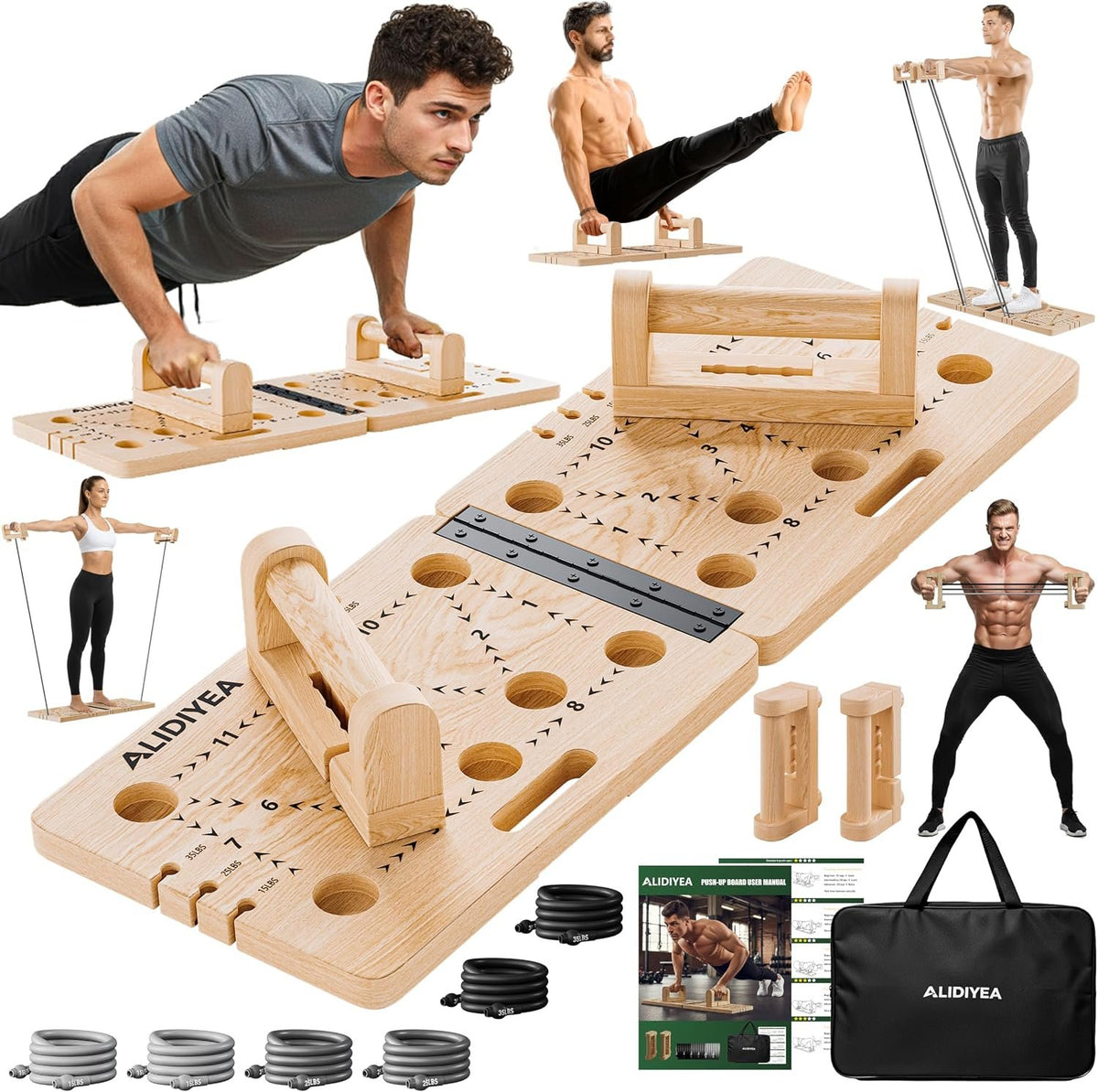 Wooden Push Up Board 30 in 1 Foldable with Resistance Bands - Thickened Pine Wood Multi-Push Up Board for Men & Women, Portable Gym/Home Workout Gear for Chest, Shoulders, Arms & Back