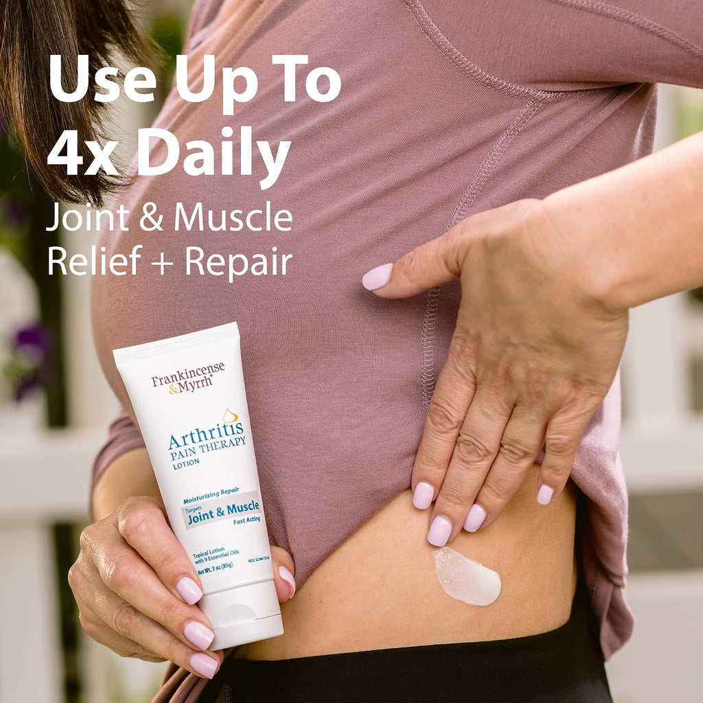 Frankincense & Myrrh Arthritis Pain Therapy Lotion, Joint & Back Relief 3oz | Deep penetrating relief. Menthol + 9 essential oils soothe sore joints, muscles, tendons & back pain. Fast Acting. Try today.
