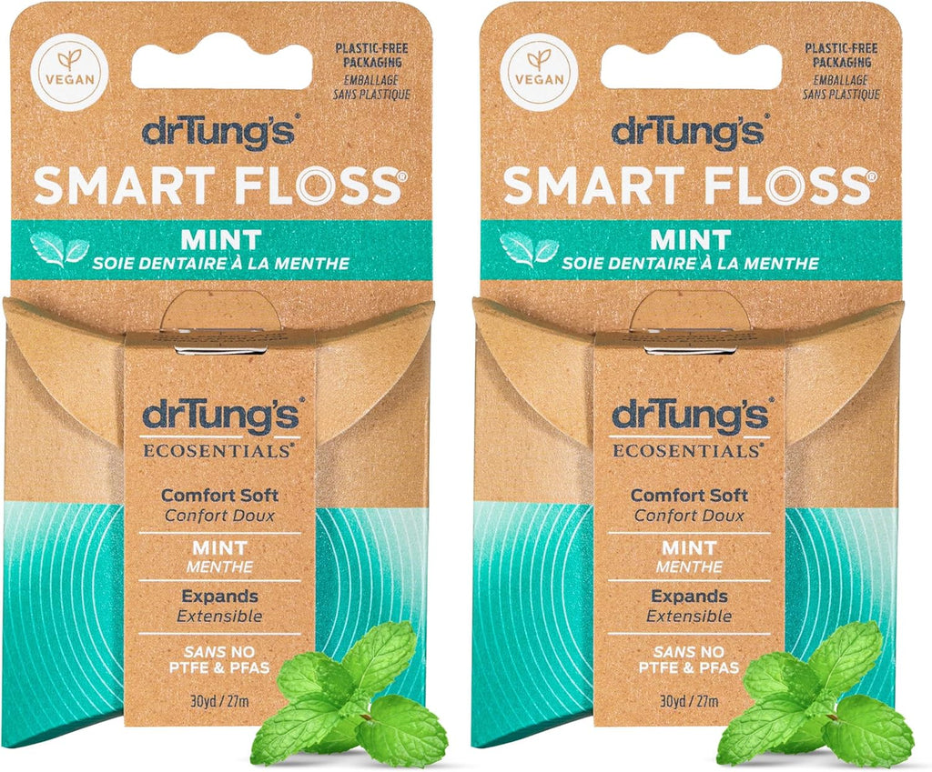 DrTung's Smart Floss, Mint Natural Expanding Dental Floss - Pack of 2 | Gentle on Tooth & Gums, Expands & Glides, PTFE & PFAS Free, Certified Organic Mint Essential Oils