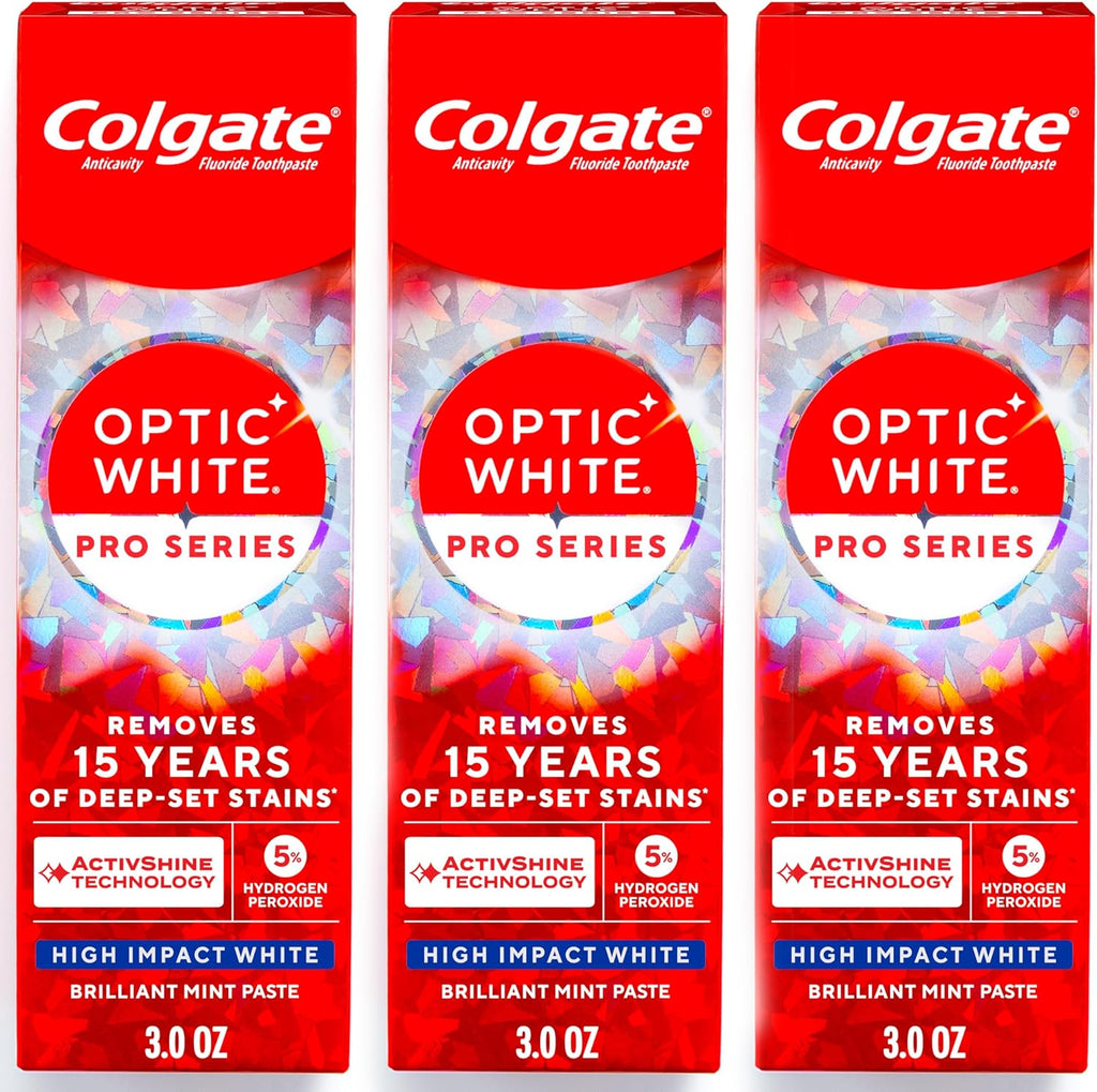 Colgate Optic White Pro Series High Impact White, 3 Pack, Teeth Whitening Toothpaste with 5% Hydrogen Peroxide and ActivShine, Brilliant Mint Flavor, 3.0 OZ