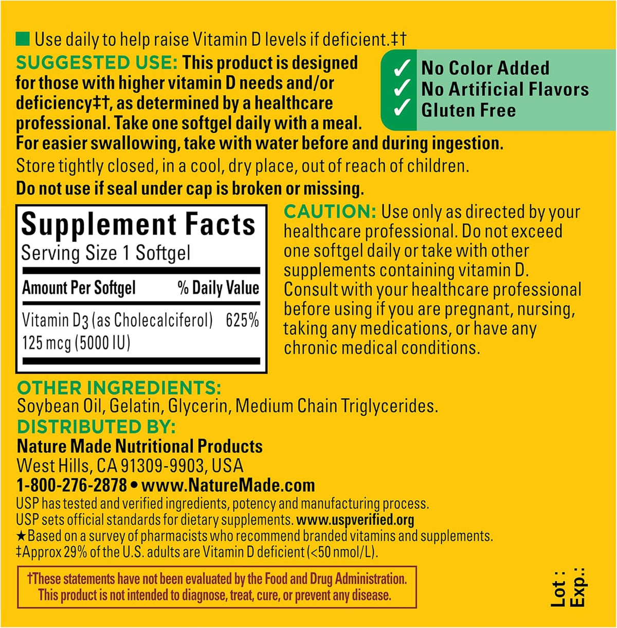 Nature Made Vitamin D3 5000 IU (125 mcg), 180 Vitamin D Softgels | Extra Strength Vitamin D Supplement for Immune, Bone, Teeth and Muscle Health Support, 180 Day Supply