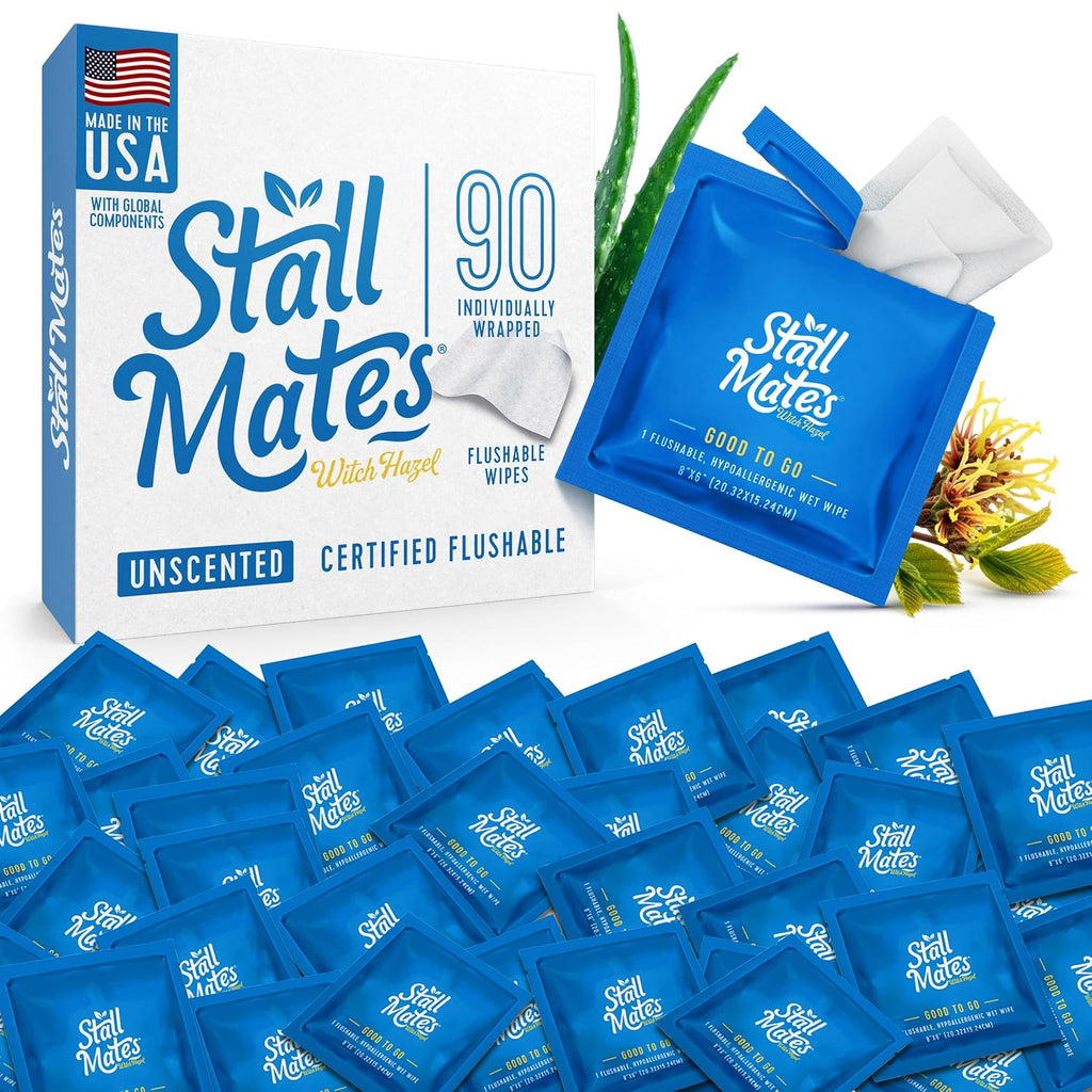 Stall Mates Witch Hazel: Flushable Wipes, Individually Wrapped, Travel Friendly, Soothing, Unscented with Cucumber, Aloe and Chamomile, (90 on-the-go singles) BULK PACK