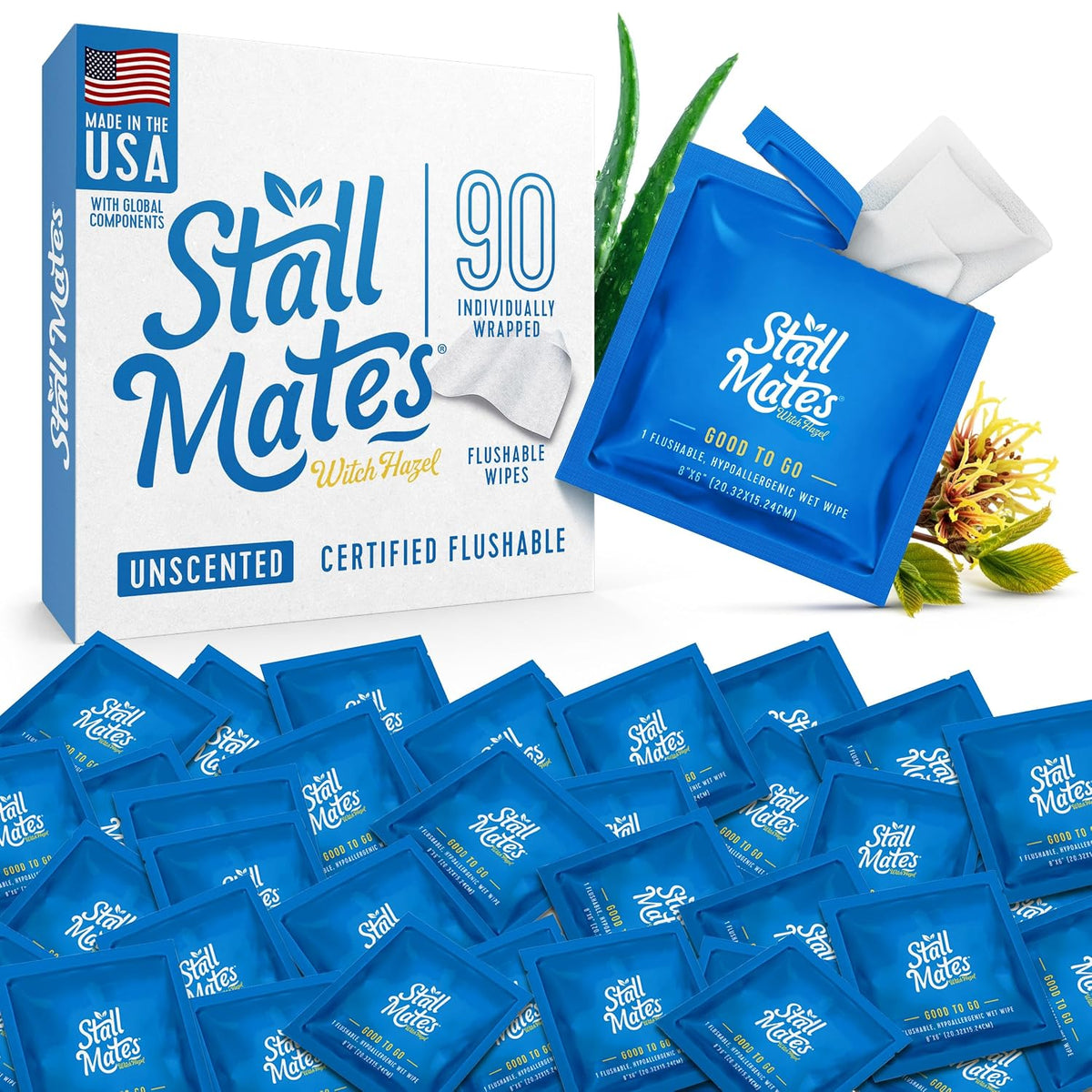 Stall Mates Witch Hazel: Flushable Wipes, Individually Wrapped, Travel Friendly, Soothing, Unscented with Cucumber, Aloe and Chamomile, (90 on-the-go singles) BULK PACK