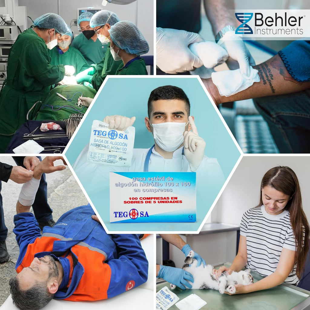 Sterile gauze of hydrophilic cotton in compresses 8 cm x 6 cm - 8 layers - Gauze - Pack of 100 units in 20 envelopes of 5 units - High absorbency and medical gauzes.