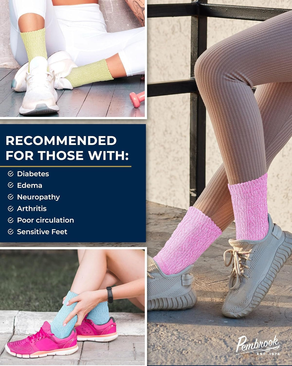 Pembrook® Diabetic Socks for Women 6 Pairs Bamboo Viscose Non-Binding Neuropathy Moisture-Wicking Circulation Support