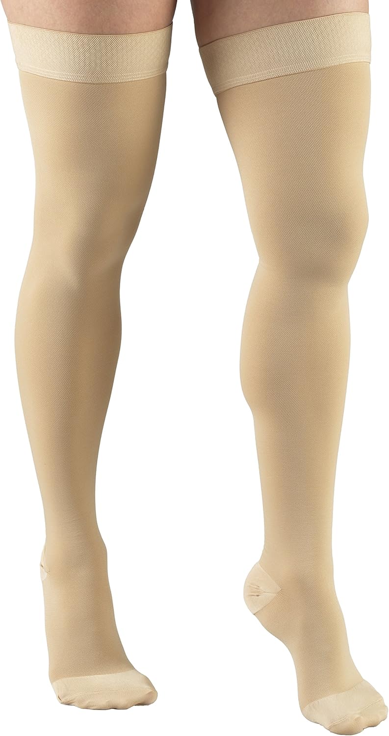 Truform 20-30 Mmhg Compression Stockings for Men & Women, Thigh High Length, Dot Top, Closed Toe, Beige, Medium
