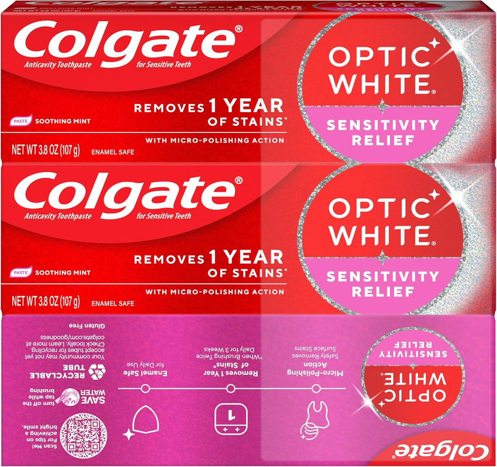 Colgate Optic White Sensitivity Relief Whitening Toothpaste, 3 Pack, 3.8oz | Teeth Whitening Toothpaste for Sensitive Teeth, Helps Remove 1 Year of Stains, Enamel Safe, Fluoride Formulated, Mint Flavor
