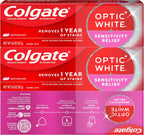 Colgate Optic White Sensitivity Relief Whitening Toothpaste, 3 Pack, 3.8oz | Teeth Whitening Toothpaste for Sensitive Teeth, Helps Remove 1 Year of Stains, Enamel Safe, Fluoride Formulated, Mint Flavor