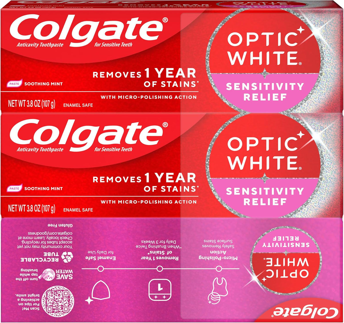 Colgate Optic White Sensitivity Relief Whitening Toothpaste, 3 Pack, 3.8oz | Teeth Whitening Toothpaste for Sensitive Teeth, Helps Remove 1 Year of Stains, Enamel Safe, Fluoride Formulated, Mint Flavor