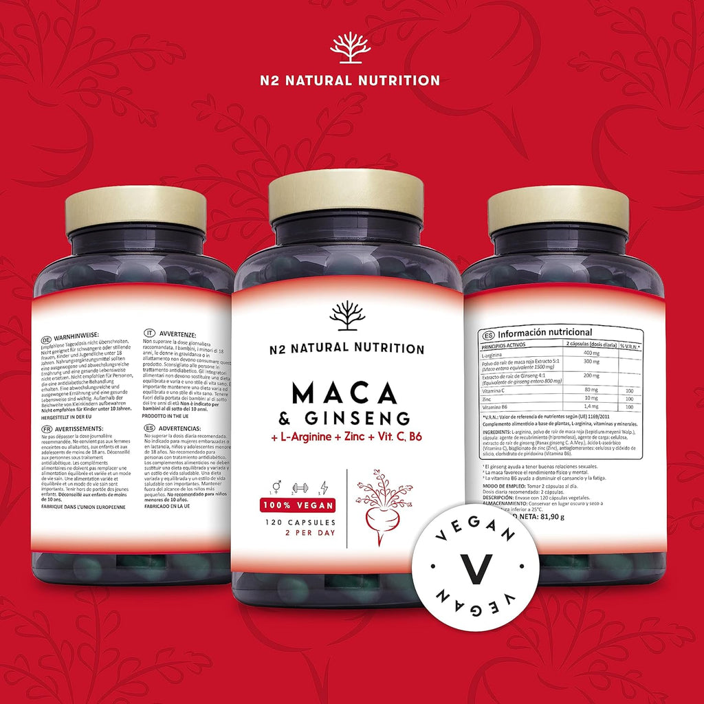 Andean Maca + Gingseng + L Arginine. Triple Energy. Zinc, Vitamin C and B. Sports Performance. Reduces Tiredness and Fatigue. Antioxidant. 120 Capsules, 60 Days. CE. Vegan. N2 Natural Nutrition