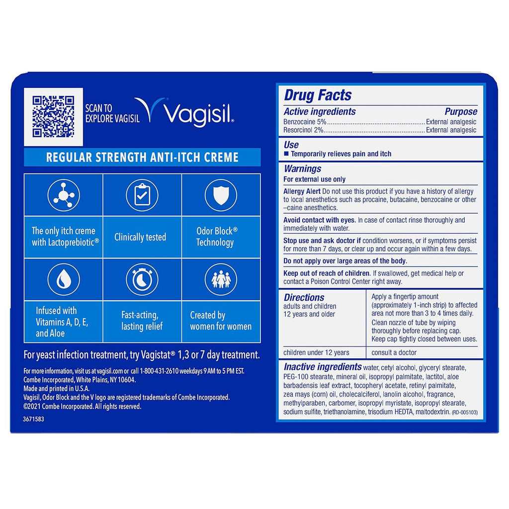 Vagisil Regular Strength Anti-Itch Feminine Cream for Women, Gynecologist Tested, Hypoallergenic, Fast-acting and Long-lasting Itch Relief, Vaginal Moisturizer Soothes and Cools, 1 oz (Pack of 1)