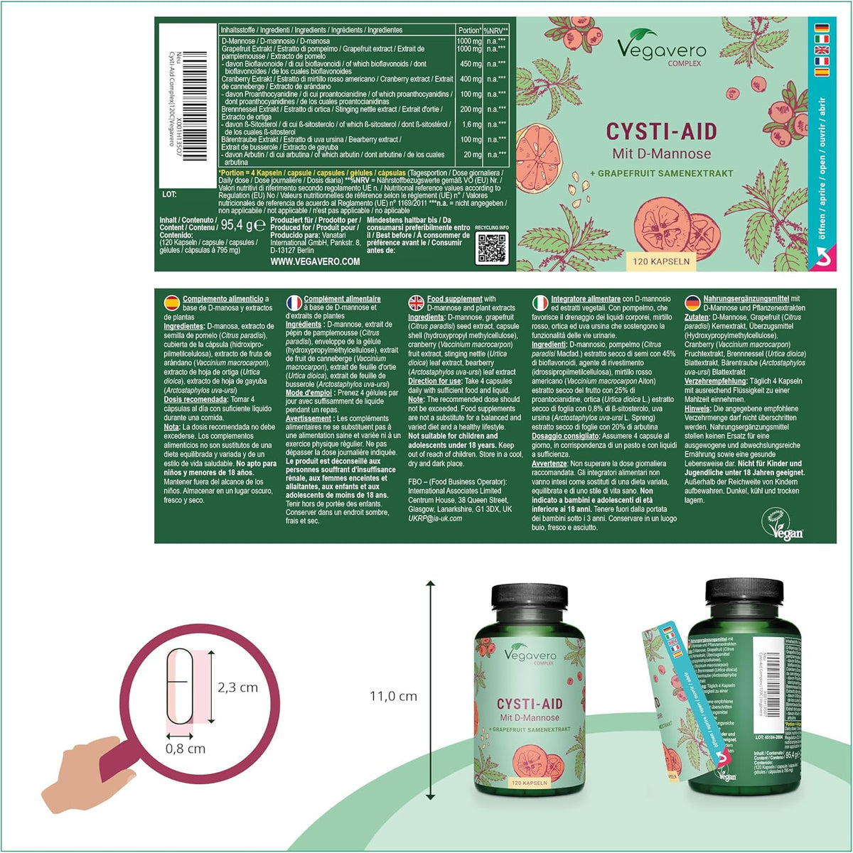 Cystitis Relief Vegavero® | 100% Natural UTI Support | NO Additives, Lab-Tested | with D-Mannose, Grapefruit Seed, Cranberry, Stinging Nettle, and Bearberry Extracts | 120 Capsules | Vegan