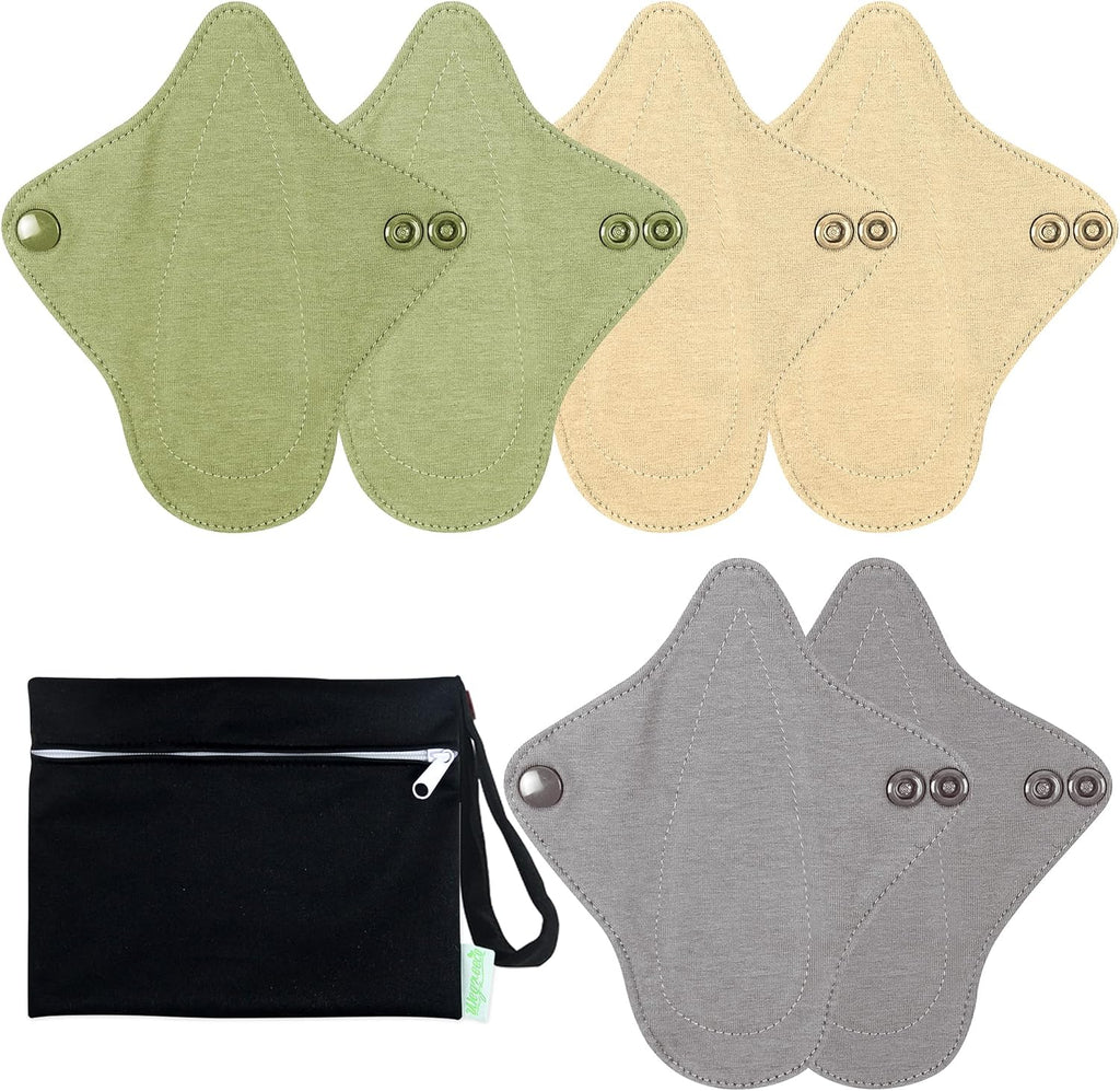 6 PCs Reusable Menstrual Pads, Ultra Absorbent Cotton Cloth Pads for Light / Heavy Flow, Cotton Sanitary Pads for Teens, Women, Nonslip Panty Liners + 1 pc Wet Bag (Mustard Yellow, Grey, Beige, XS)