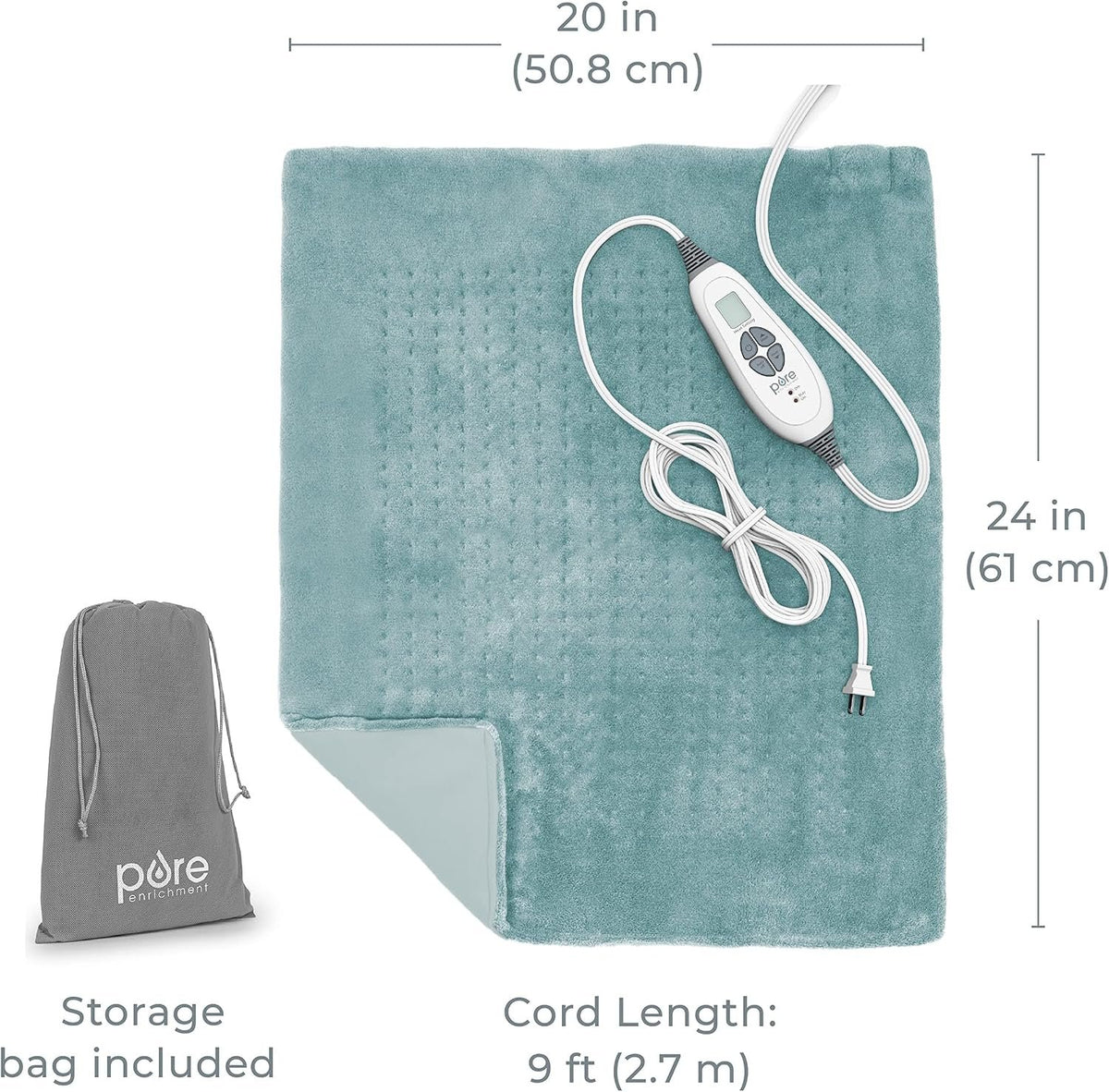 Pure Enrichment PureRelief Ultra-Wide Microplush Heating Pad - 20” x 24” XXL Size & 6 Heat Settings for Temporary Neck, Shoulder & Back Pain Relief - Moist Heat Option & Machine Washable (Sea Glass)