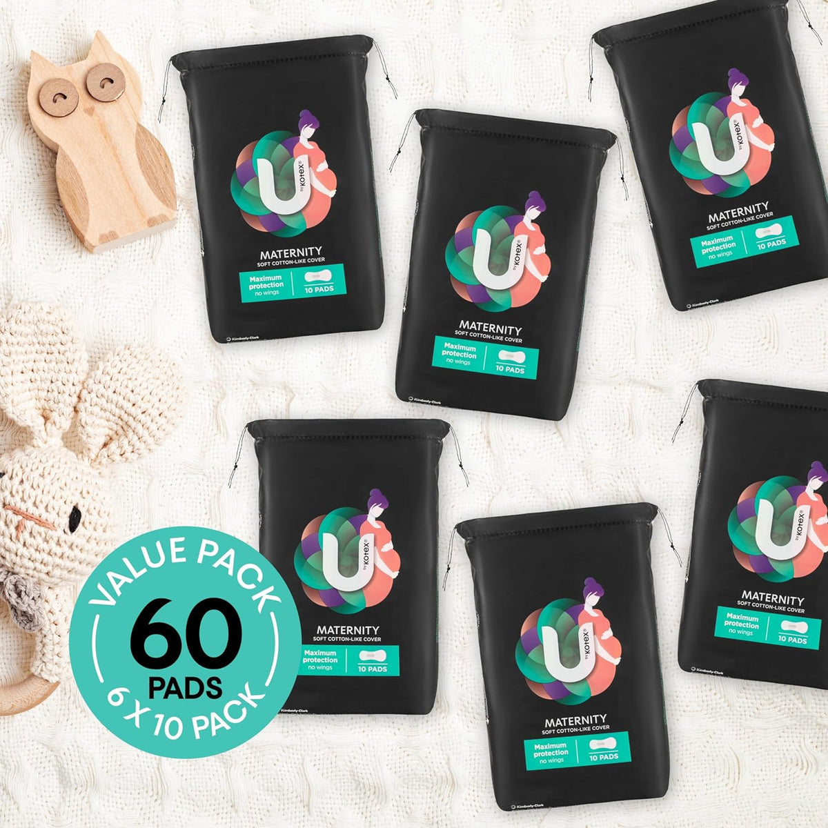 U BY KOTEX Maxi's Maternity Pads no Wings 60 Count (6 x 10 Pack) - Packaging May Vary
