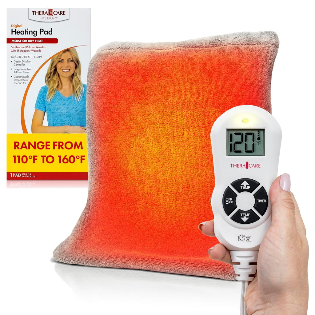 TheraCare Digital Heating Pad with LCD Controller, 12" x 15" | Moist & Dry Heat Therapy for Sore Muscles, 110°F–160°F Range, Programmable 30/60-Min Shut-Off, Washable Cover