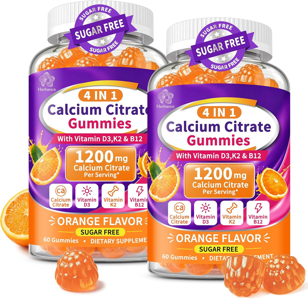 2 Packs Calcium Citrate Gummies 1200mg with Vitamin D3 K2 B12, 4-in-1 High Absorption Calcium Supplement for Women Men, Bone Teeth Muscle Support, Calcium Gummies for Adults,Sugar Free,Orange Flavor
