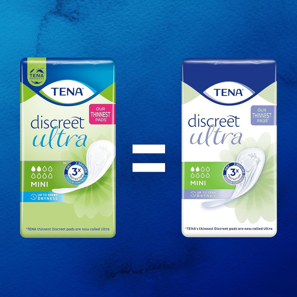 TENA Discreet Mini Ultra 6 x 20 - Our thinnest pads offer discreet and safe protection for minor urine leaks - 120 Individual Sachets - Monthly Pack. Ultra Thin.