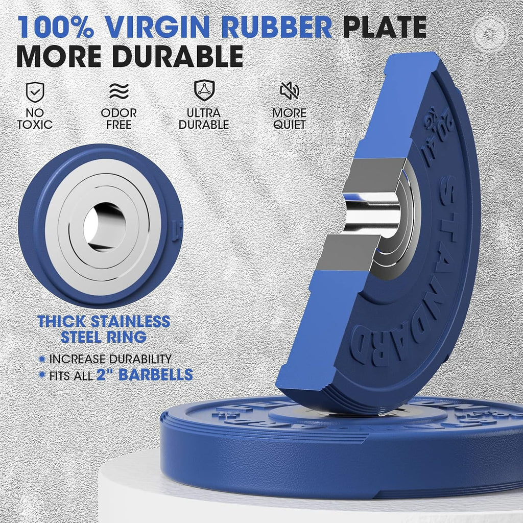 FEIERDUN Color Bumper Plate Set, 2-Inch Olympic Weight Plates, Low Bounce Rubber Barbell Plates with Stainless Steel Insert for Weightlifting, Strength Training, CrossFit & Home Gym, 10LB-370LB