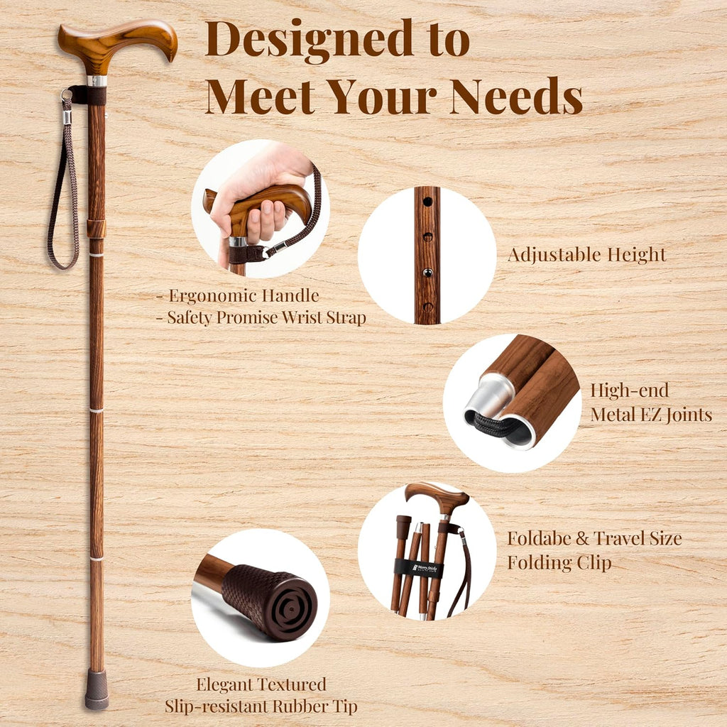 Foldable Walking Cane for Women and Men, Adjustable, Sen Wood | Collapsible Lightweight Folding Walking Stick for Seniors, Adjustable Height, Canes for Stability, Ergonomic Handle