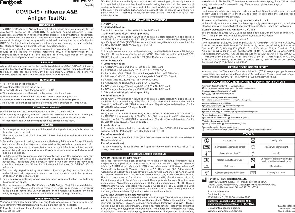 Fanttest 3-in-1 Combo RAT Test, Influenza Flu A/B and COVID-19 Rapid Antigen Test Kit - Nasal Swab