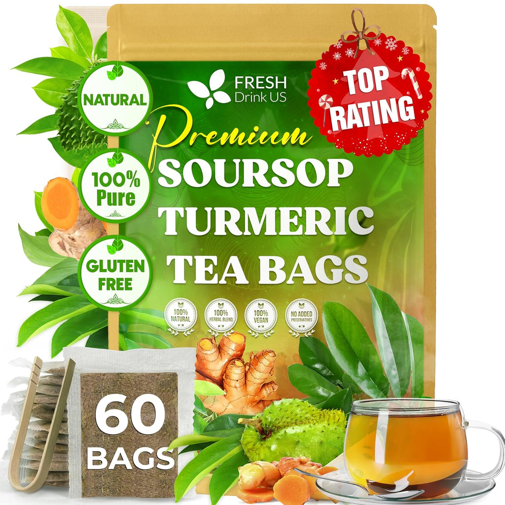 FreshDrinkUS, Premium 60 Soursop Turmeric Tea Bags, 100% Natural, Blend of Soursop Leaves, and Turmeric Root. No Sugar, Vegan.