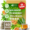 FreshDrinkUS, Premium 60 Soursop Turmeric Tea Bags, 100% Natural, Blend of Soursop Leaves, and Turmeric Root. No Sugar, Vegan.