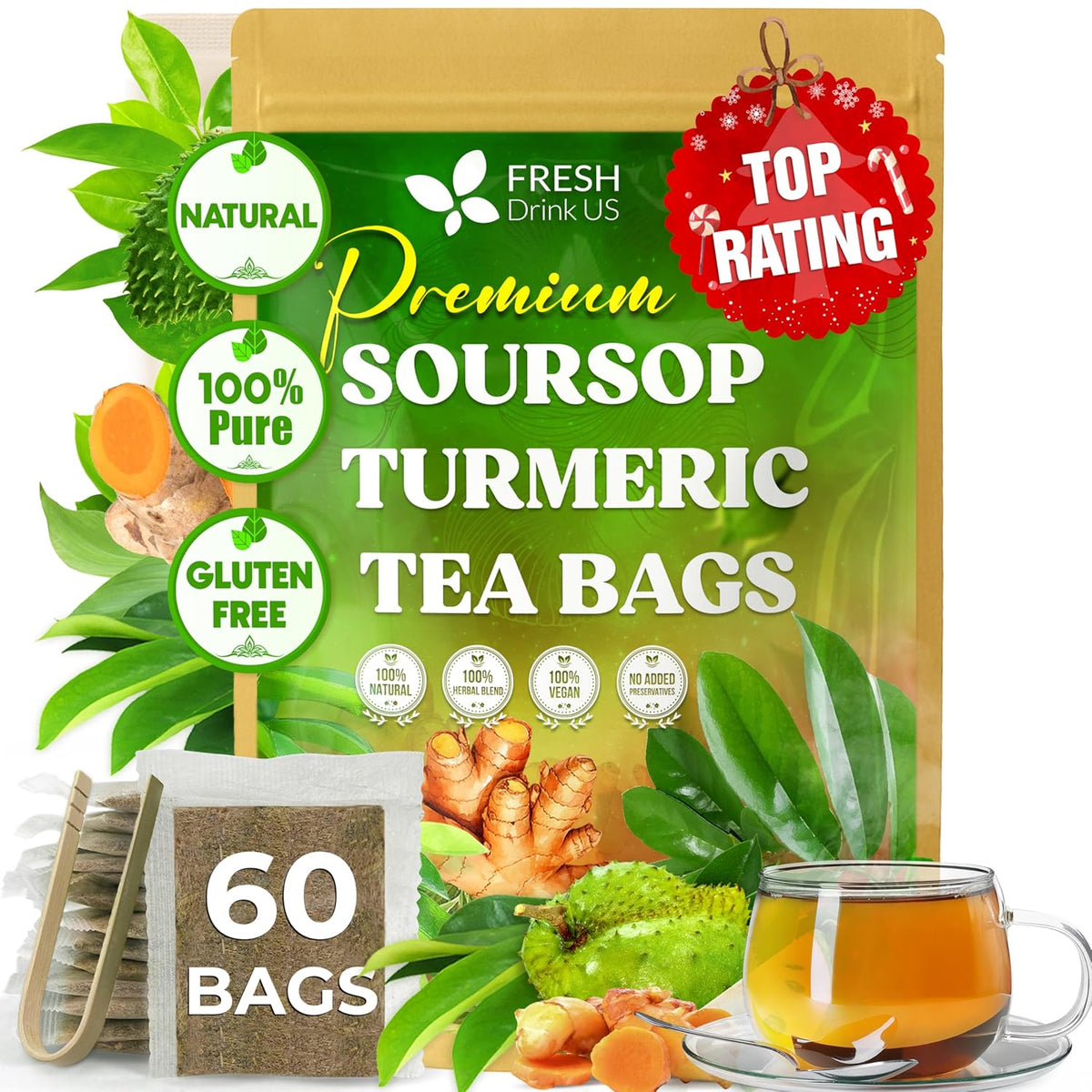 FreshDrinkUS, Premium 60 Soursop Turmeric Tea Bags, 100% Natural, Blend of Soursop Leaves, and Turmeric Root. No Sugar, Vegan.