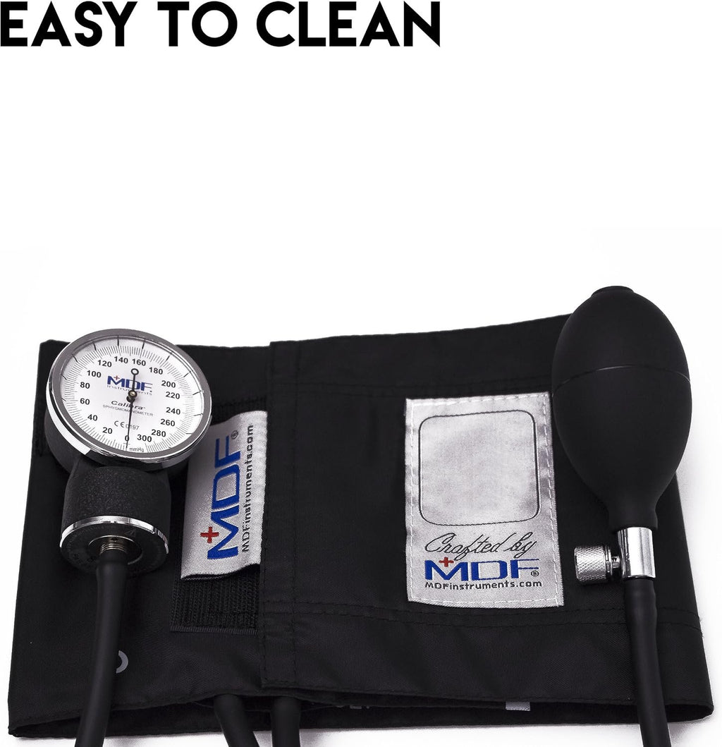 MDF Instruments, Calibra Aneroid Premium Professional Sphygmomanometer, Blood Pressure Monitor with Adult Cuff & Carrying Case, Lifetime Calibration, White Dial, Black Cuff, MDF808M11