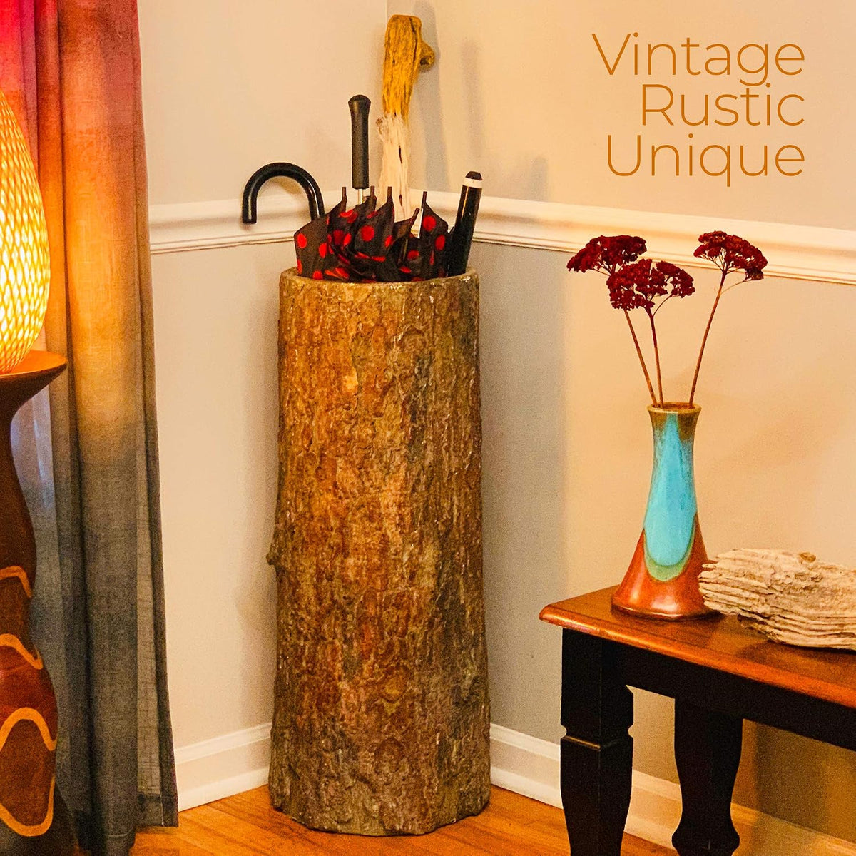 Country Stump ?? Vintage Farmhouse Umbrella Stand. Unique Indoor / Outdoor Walking Stick & Umbrella Holder. Rustic Home Entryway Log Bin.