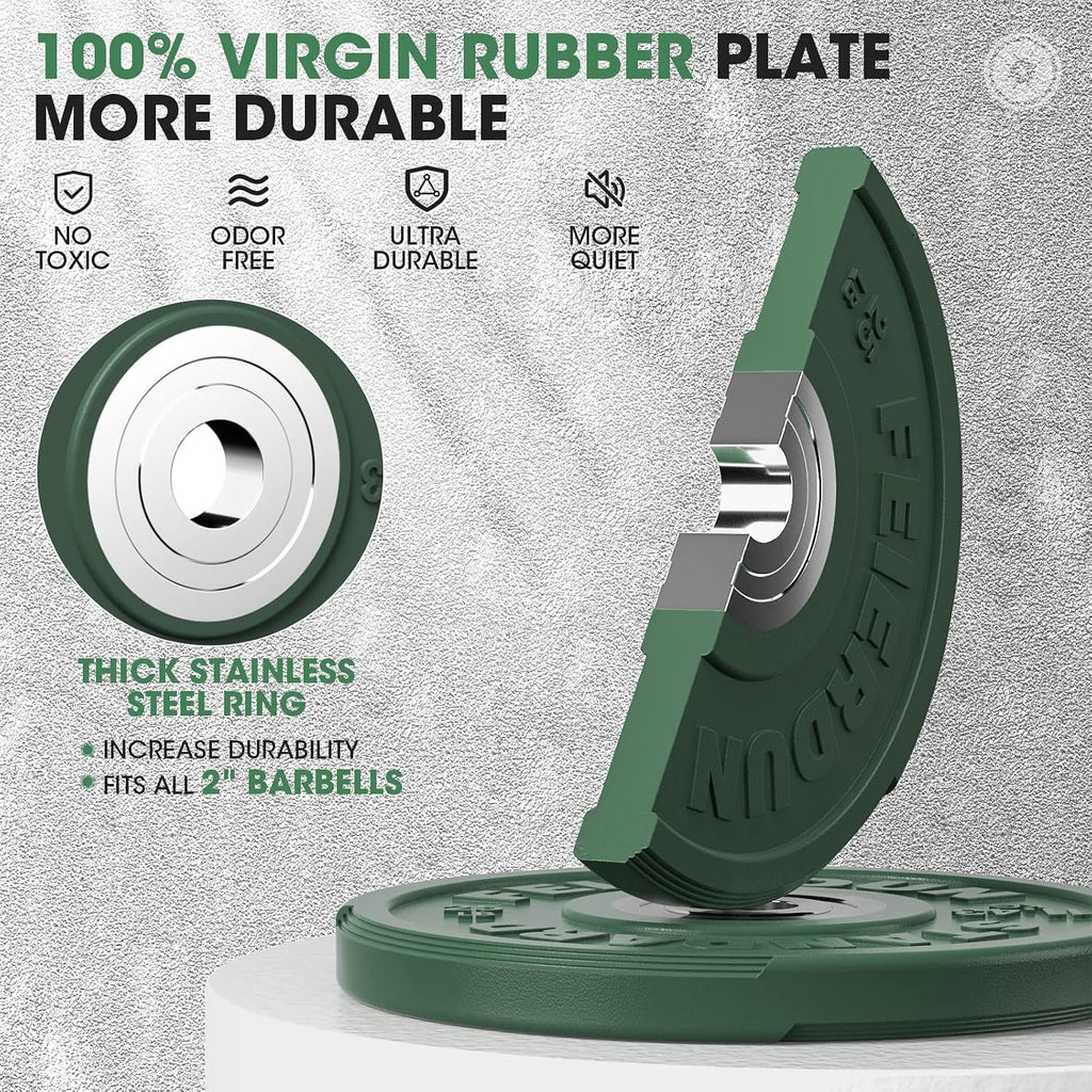 FEIERDUN Color Bumper Plate Set, 2-Inch Olympic Weight Plates, Low Bounce Rubber Barbell Plates with Stainless Steel Insert for Weightlifting, Strength Training, CrossFit & Home Gym, 10LB-370LB