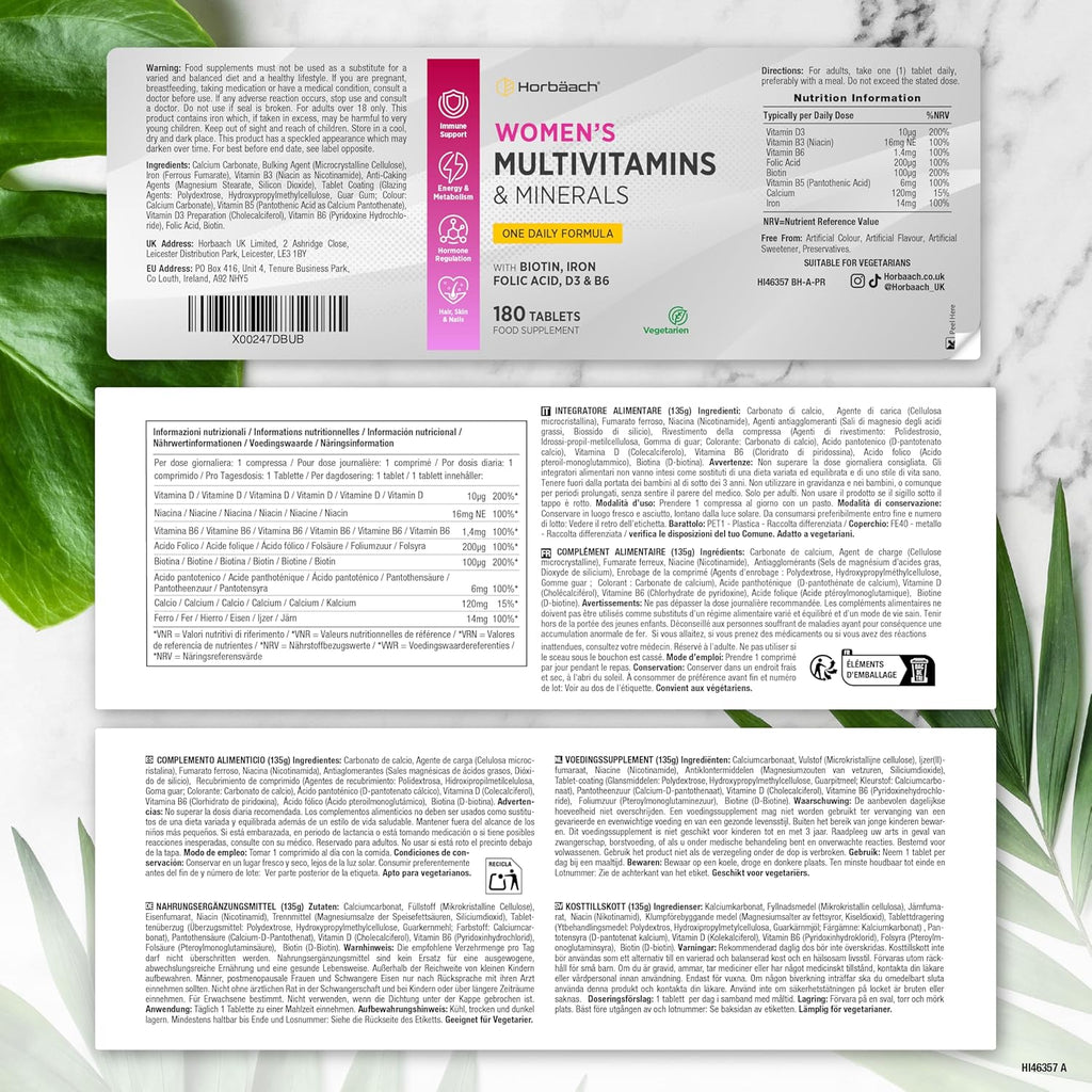 Women's Multivitamins | Energy | Hormonal Balance | Immunity | Hair Skin & Nails | Bones | 180 Tablets with Iron, Vitamin B6, Biotin & More! | Vegetarian | Horbaach