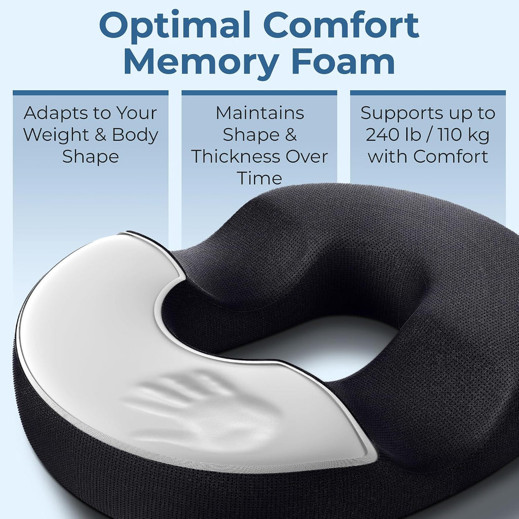 5 STARS UNITED Donut Pillow for Tailbone Pain & Hemorrhoids – Large Memory Foam Floor Cushion for Pressure Relief – Prostate, Postpartum & Pregnancy Support, Black Mesh Cover