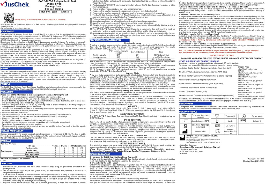 JusChek COVID-19 Rapid Antigen Test (Nasal Swab) – 20 Tests - ARTG 374574