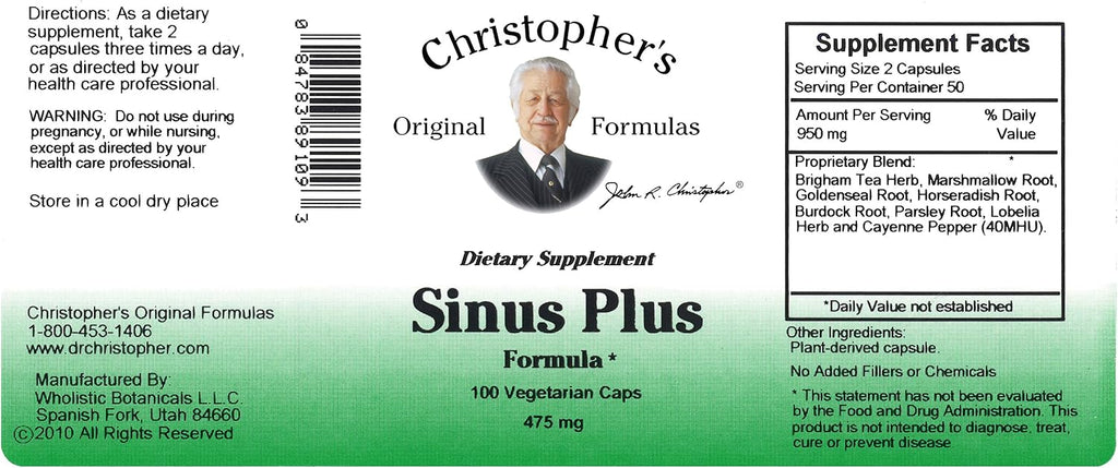 Christopher's Original Formulas Sinus Plus, Sinus Support Capsules, Whole Herb Synergistic Blend, 100 Count
