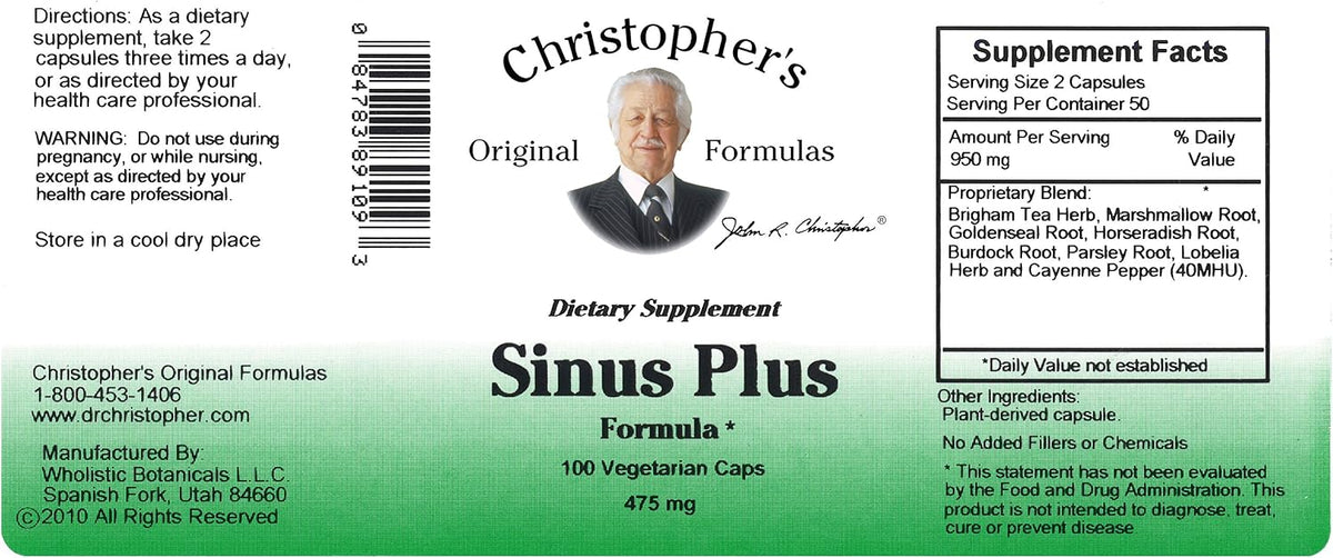 Christopher's Original Formulas Sinus Plus, Sinus Support Capsules, Whole Herb Synergistic Blend, 100 Count