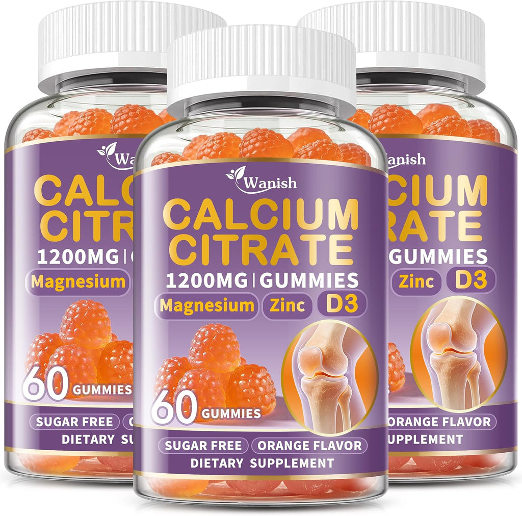(3 Pack) Calcium Citrate 1200 mg for Women,Calcium Magnesium Zinc Vitamin D3 Gummies,High Absorption Calcium Chews Supplement for Bone,Teeth and Muscle Healthy,Sugar Free,Vegan,Non-GMO,Orange Flavor