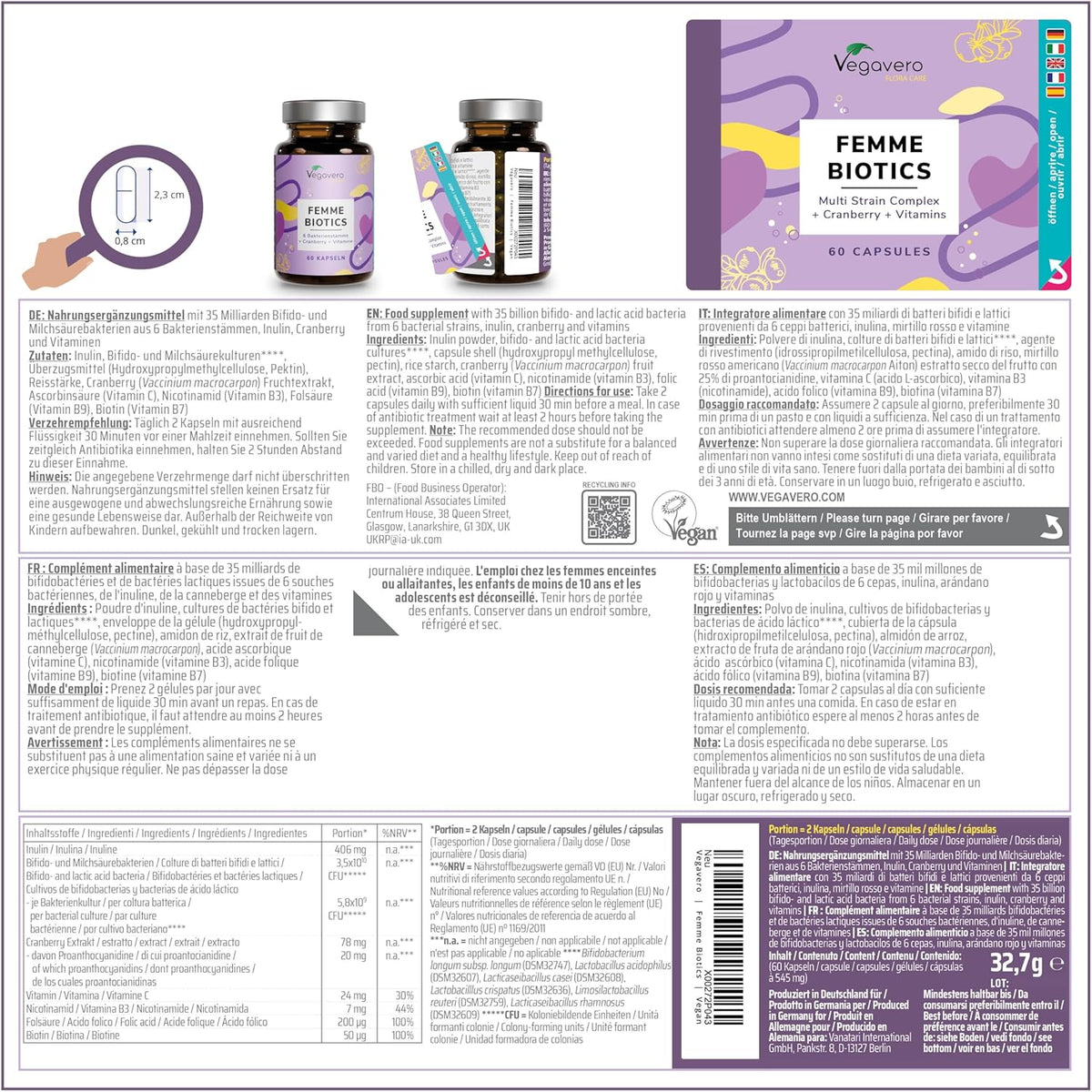 WOMAN PROBIOTICS | Intimate Flora and Natural Defense | 6 Strains + Vitamins C, B3, B7 and B9 | 60 Capsules | Vegan and No Additives | Femme Biotics Vegavero