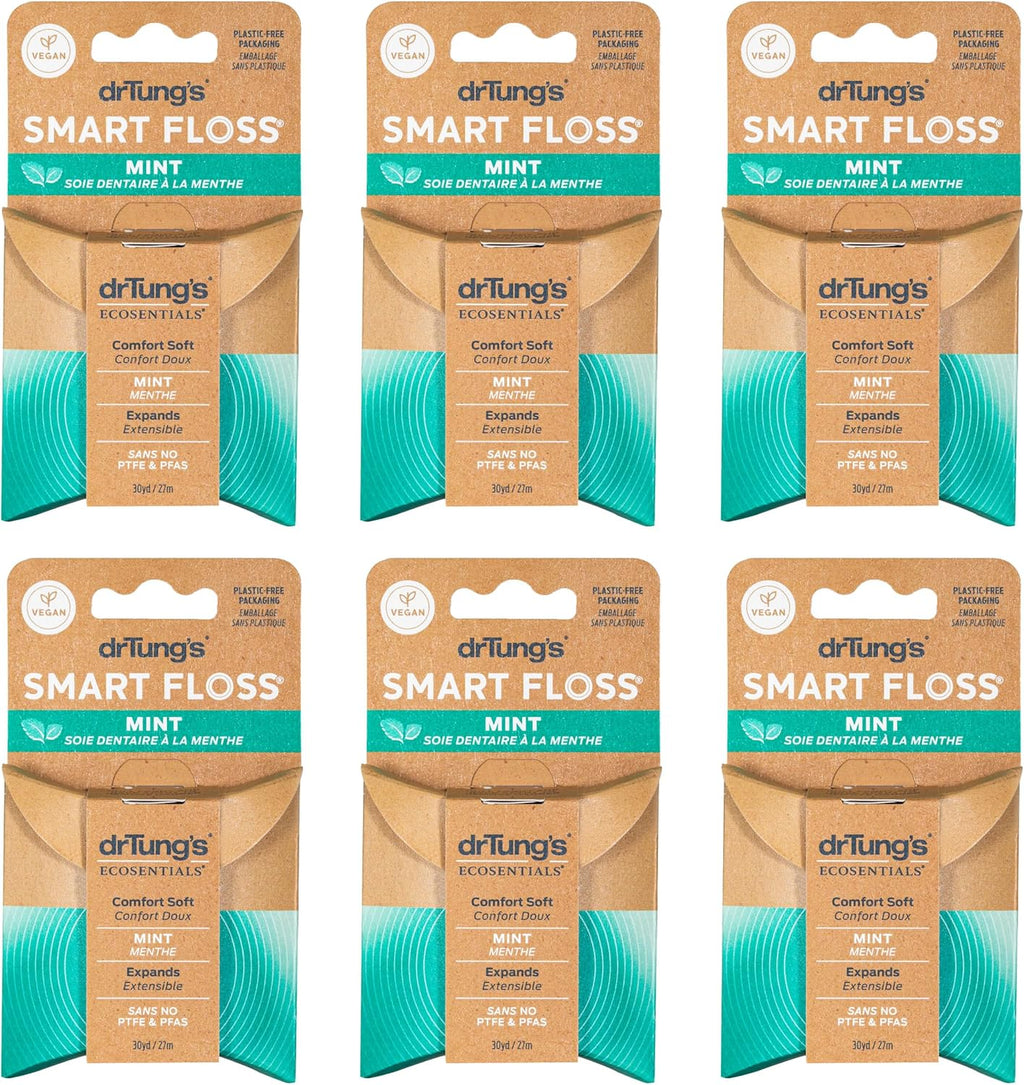 DrTung's Smart Floss, Mint Natural Expanding Dental Floss - Pack of 6 | Gentle on Tooth & Gums, Expands & Glides, PTFE & PFAS Free, Certified Organic Mint Essential Oils