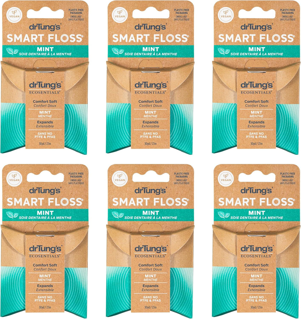 DrTung's Smart Floss, Mint Natural Expanding Dental Floss - Pack of 6 | Gentle on Tooth & Gums, Expands & Glides, PTFE & PFAS Free, Certified Organic Mint Essential Oils