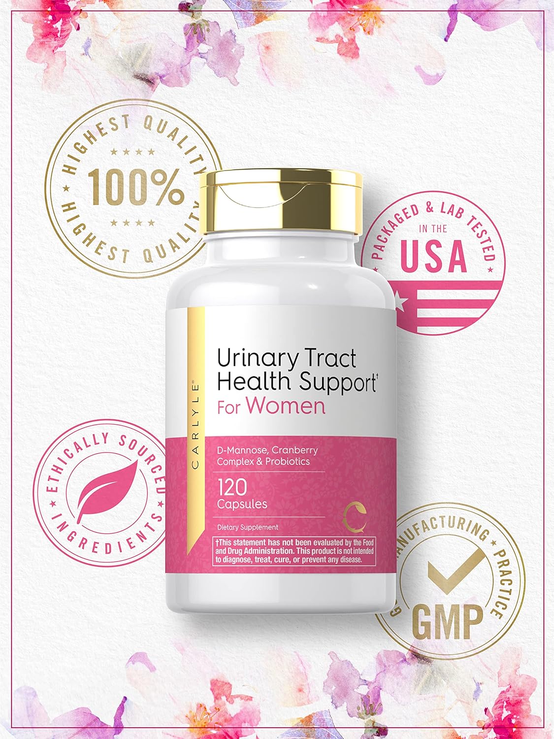 Carlyle Urinary Tract Health for Women | 120 Capsules | Relief for Women | with D-Mannose, Cranberry Complex & Probiotics | Non-GMO, Gluten Free