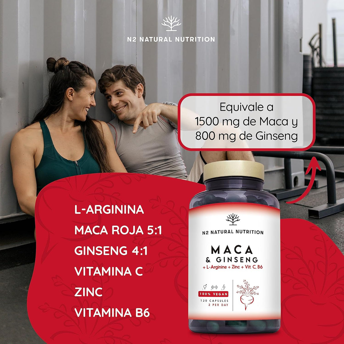 Andean Maca + Gingseng + L Arginine. Triple Energy. Zinc, Vitamin C and B. Sports Performance. Reduces Tiredness and Fatigue. Antioxidant. 120 Capsules, 60 Days. CE. Vegan. N2 Natural Nutrition