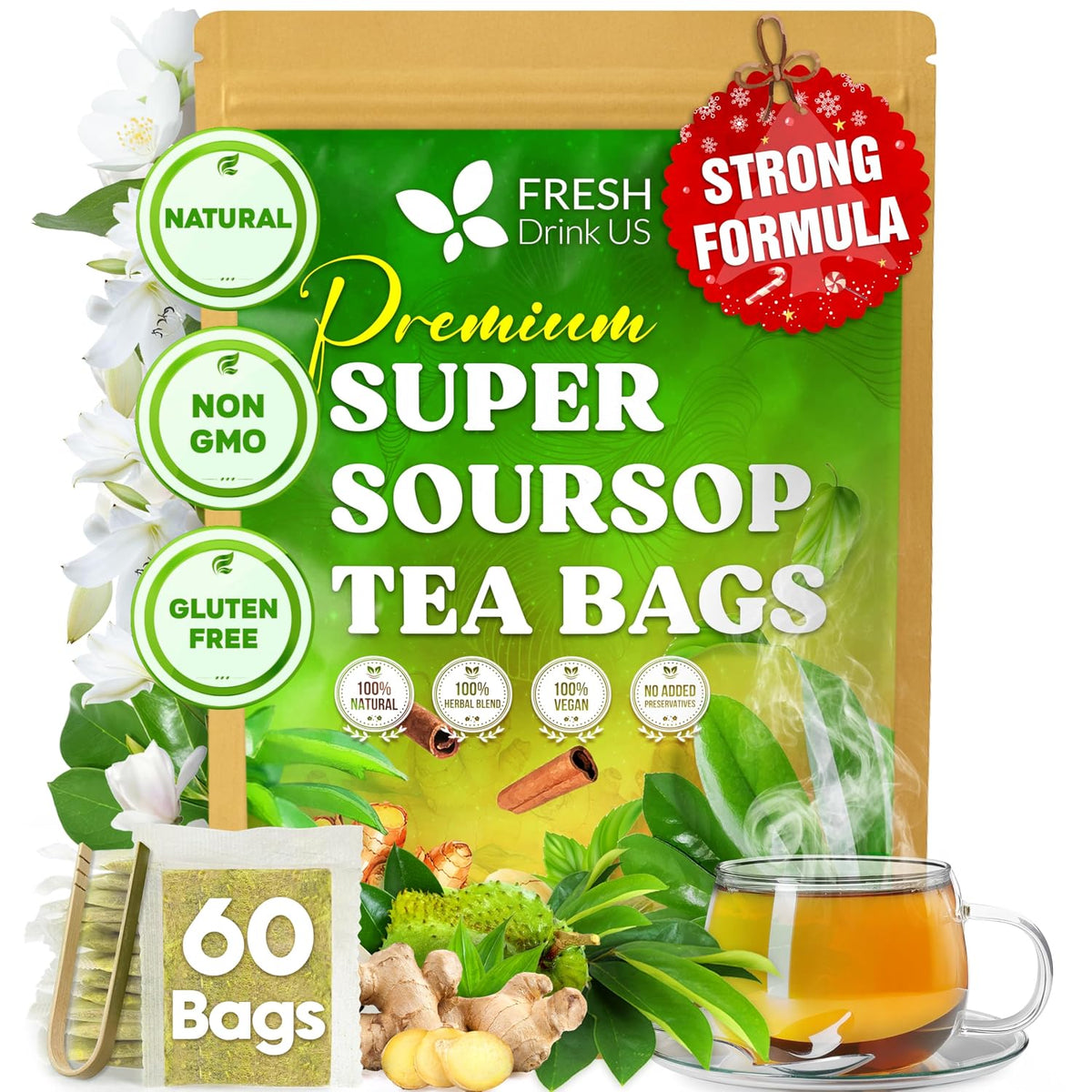 FreshDrinkUS, Super Soursop Herbal Tea – 60 Tea Bags | Soursop, Ginger, Turmeric, Lemongrass, Cinnamon, Black Pepper & Peppermint | Caffeine-Free, Natural Flavor, Plant-Based Blend | Sugar-Free